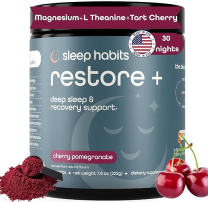 SleepHabits Restore | 30 Nights Magnesium Glycinate Powder Natural Sleep Aid with L-Theanine, Tart Cherry, Beet Root, | Calm Melatonin-Free Deep Sleep Supplement Drink for Recovery & Clear Mornings