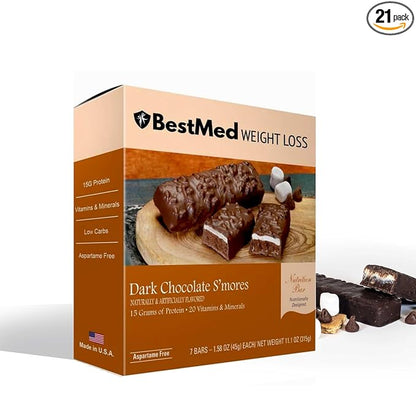 BestMed - High Protein Nutrition Bar - Low-Carb, 15g Protein, Low Sugar, High Fiber, Low Calorie, Meal Replacement Bar (Dark Chocolate S'mores, 3 Box - 21 Count)