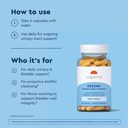 Uqora Defend - Urinary Tract Health Supplement - Support Bladder Health & Cleanse Biofilm* with D-Mannose, Green Tea Extract, Turmeric Extract & More - Gluten-Free - 60 Capsules (30-Day Supply)