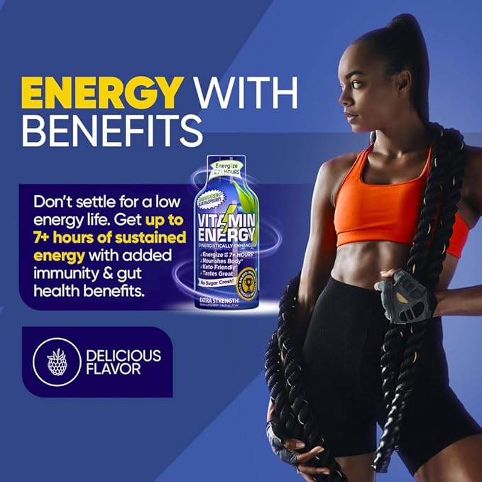 Vitamin Energy Immune+ Extra Strength Energy Shot Blue Raspberry 24 Pack, 260mg Natural Caffeine, B-Vitamins, Citicoline, Green Tea, Immunity & Focus Support, Zero Sugar, Gluten-Free 1.93 fl oz