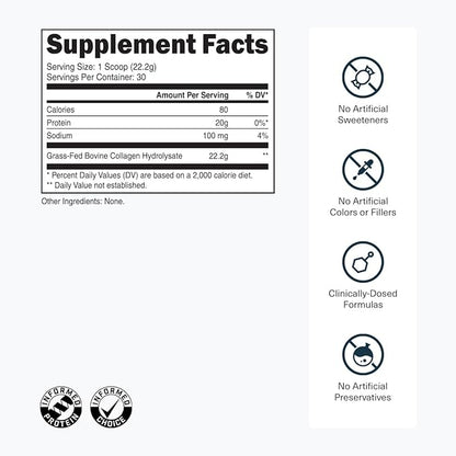 Transparent Labs Grass-Fed Collagen Peptides Powder - Collagen Powder for Women & Men, 22G Bovine Hydrolyzed Collagen Peptides Powder for Skin, Hair, Joint & Muscle Recovery - Unflavored, 30 Servings