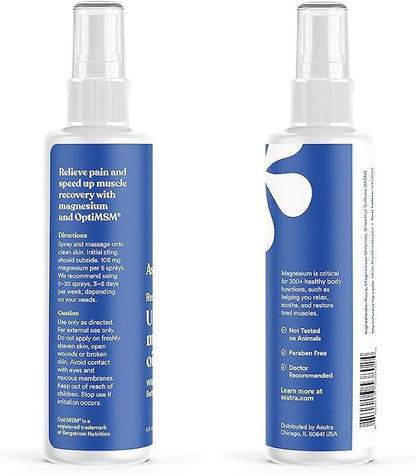 ASUTRA Ultra Magnesium Oil Spray with OptiMSM, 4 fl oz - Topical Magnesium, Rapid Absorption, Pure, Odorless and Non-Greasy, Derived from Zechstein Seabed