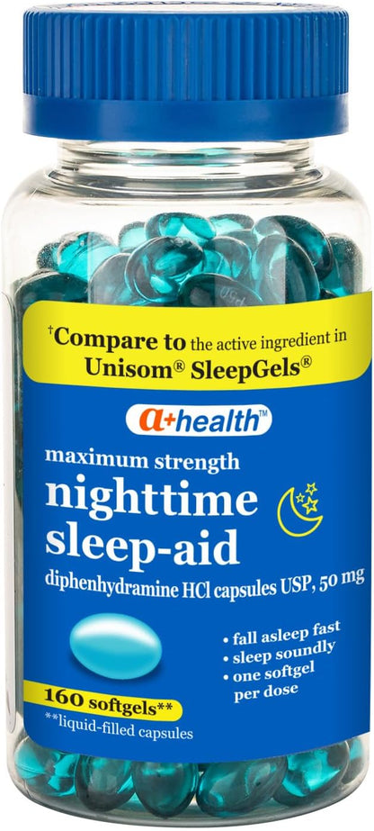 A+Health Nighttime Sleep Aid Diphenhydramine 50mg Softgels, Maximum Strength, 160 Count