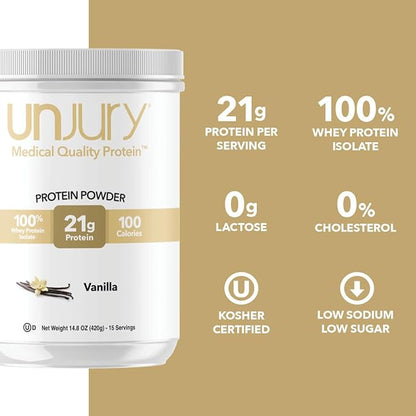 Unjury Whey Protein Powder | Vanilla | 21g 100% Whey Isolate Protein Powder | Low Carb and Lactose Free | Gluten Free | Certified Kosher | 15 Servings