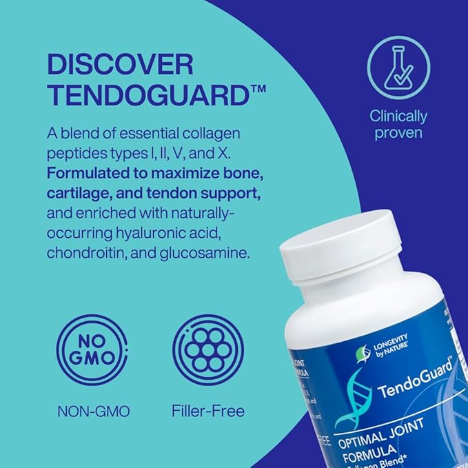 Longevity by Nature TendoGuard Joint Support Supplement with Collagen Peptides, Hyaluronic Acid Supplements, Tendon and Ligament, 60 Capsules