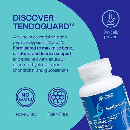 Longevity by Nature TendoGuard Joint Support Supplement with Collagen Peptides, Hyaluronic Acid Supplements, Tendon and Ligament, 60 Capsules