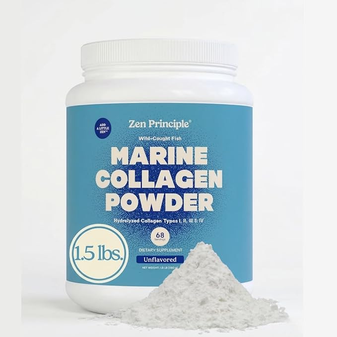 Zen Principle Marine Collagen Peptides Powder 1.5 lb. Wild-Caught Fish, Non-GMO. Supports Healthy Skin, Hair, Joints and Bones.Hydrolyzed Types I, II, III, and IV Protein. Amino Acids. Easy to Mix.