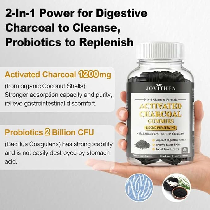 Activated Charcoal Gummies 1200mg, with Organic Coconut Shell Charcoal & 2 Billion Probiotics, Natural Gas & Bloating Relief, Digestive Support, Non-GMO, Vegan, Gluten Free, Blueberry Flavor, 60Ct