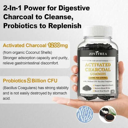 2 Pack Activated Charcoal Gummies 1200mg, with Organic Coconut Shell Charcoal & 2 Billion Probiotics, Natural Gas & Bloating Relief, Digestive Support, Non-GMO, Vegan, Gluten Free,Blueberry Flav,120Ct