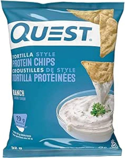 Quest Nutrition Protein Tortilla Chips, Ranch, 19g Protein, 4g Net Carbs, 140 Calories, Low Carb, Gluten Free, Soy Free, Potato Free, Baked, 1.2oz Bag, Single Sample
