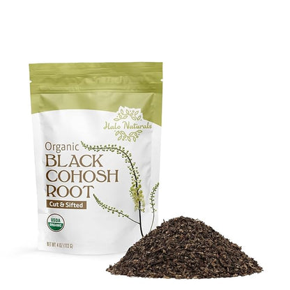 Halo Naturals Organic Black Cohosh Root Cut & Sifted, 4 Ounces (Cimicifuga racemosa) USDA Certified | Resealable Pouch| Packaged in The USA