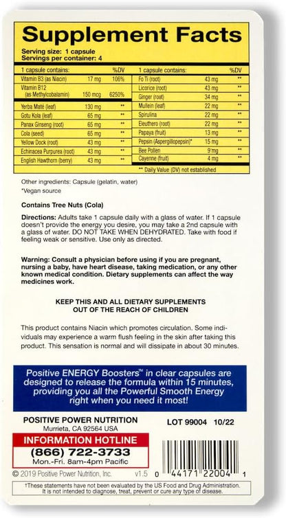 VitaBoost Positive Power Energy Boosters – Natural Energy Supplement with Herbs, B-12, Bee Pollen, Jitter-Free Smooth Energy, Quick & Safe, No Caffeine, Ephedra, or Guarana (60)