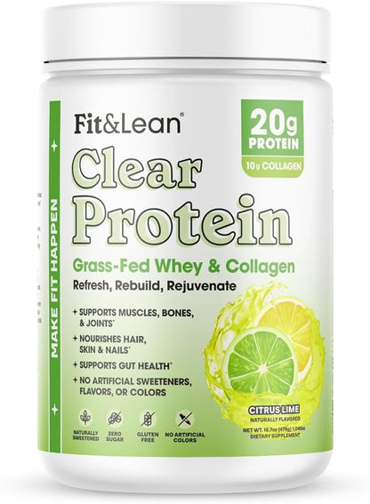 Fit & Lean Clear Protein Powder with Whey Isolate Protein and Collagen, Grass Fed, Muscle Recovery, Skin, Joints, GLP-1 Support, 0g Sugar, Citrus Lime, 20 Servings