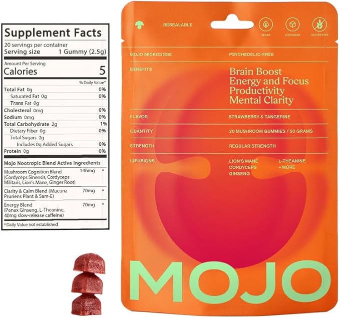 Mojo Focus Gummies with Lion’s Mane, Panax Ginseng, Ginger Root & Cordyceps, Brain Supplement for Memory and Focus, Nootropic Mushroom Gummies for Adults, Vegan Strawberry Tangerine, 1 Pack