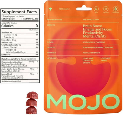 Mojo Focus Gummies with Lion’s Mane, Panax Ginseng, Ginger Root & Cordyceps, Brain Supplement for Memory and Focus, Nootropic Mushroom Gummies for Adults, Vegan Strawberry Tangerine, 2 Pack