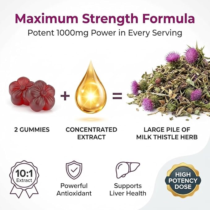Sugar-Free Milk Thistle Gummies for Liver Cleanse Detox & Repair (Natural Blueberry-Raz Flavor) Cardo Mariano, Cleansing Milk Thistle Supplement, Antioxidant Support, Vegan, Replaces Pills & Capsules