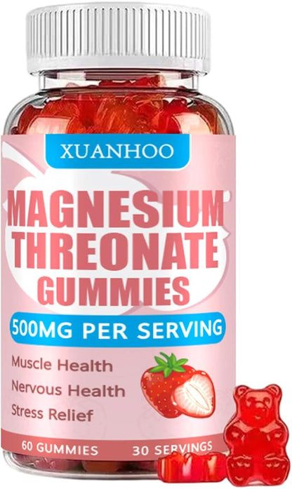 Magnesium Threonate Gummies,Magnesium Supplement,Strawberry Flavor,60Gummies,250mg Magnesium per Gummy,Muscle & Nerve Health,Stress Relief