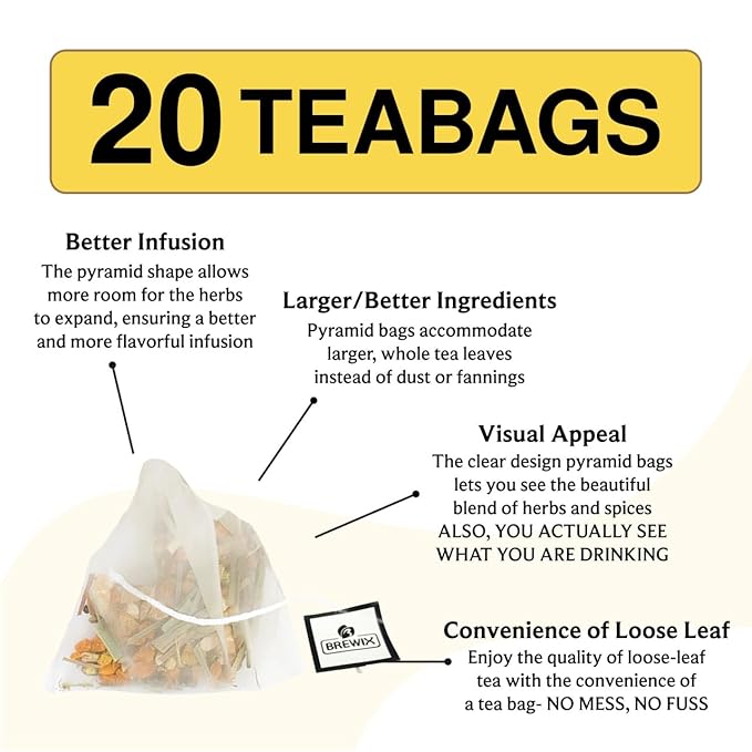 BREWIX, Turmeric Ashwagandha Herbal Tea Bags (20 Pyramid Tea Bags) Adaptogenic Herbs for Stress & Mood Support | Evening Calm & Sleep Support | Real Ingredients From India, Caffeine Free & Naturally Gluten Free | 100% Pure Herbal Blend Packed in Reseal...