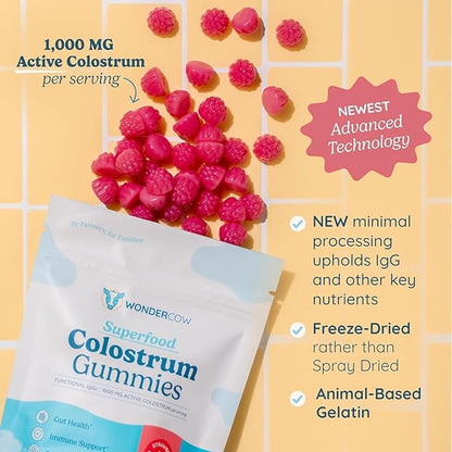 WONDERCOW Colostrum Gummies for Gut Health, Immune Support & Wellness | Natural IgG Whole Bovine Colostrum Supplement, 1,000mg per Serving (15 Gummies (5 Servings), Strawberry Cream)