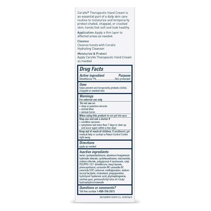 CeraVe Therapeutic Hand Cream for Dry Cracked Hands With Hyaluronic Acid and Niacinamide,Fragrance Free 3 Ounce,(Pack of 2)