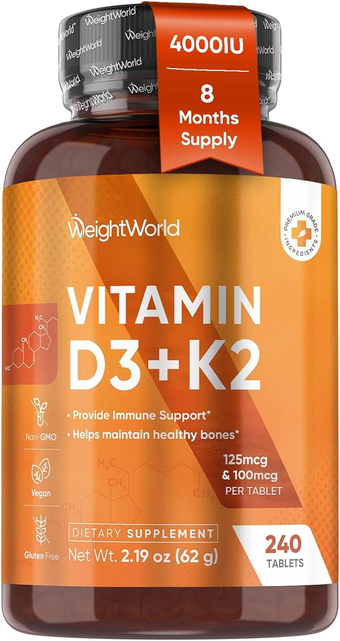 WeightWorld D3 Vitamin 4000 IU + K2 125mcg | Vitamin D3 K2 for Healthy Bones & Immune Support (8-Month Supply) | 240 Vegan D3K2 Tablets | Plant-Based VIT D3 & K2 (MK-7) | Gluten-Free, Non-GMO