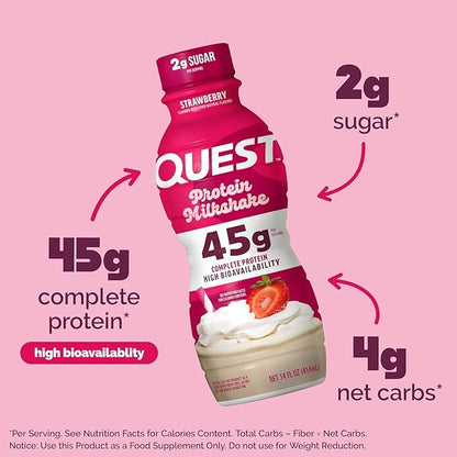 Quest Nutrition Strawberry Protein Shake, 45g Protein, 2g Sugar, 4g Net Carbs, Ready to Drink, Gluten Free, (Pack of 24)
