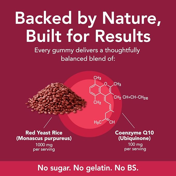GOJOY Naturals Red Yeast Rice with CoQ10 Gummies - Sugar-Free Heart Health Supplement - Red Rice Yeast 1000mg + CoQ10 100mg - Citrinin-Free, Vegan, Non-GMO