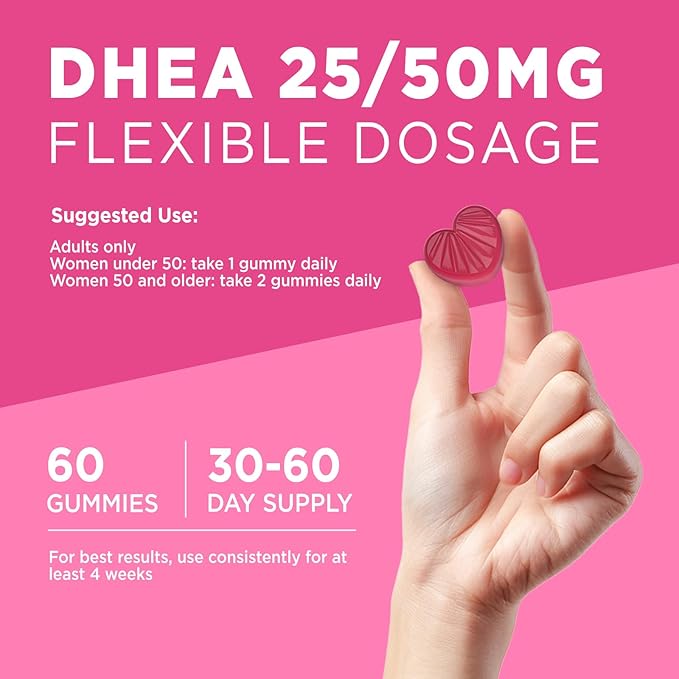 DHEA Supplement for Women, DHEA 50mg with Omega Fatty Acids, Magnesium & Antioxidant Blend, Supports Hormone Balance, Healthy Aging, Immunity & Energy, DHEA 25 mg per Gummy, Non-GMO, Sugar Free, 60ct