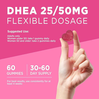 DHEA Supplement for Women, DHEA 50mg with Omega Fatty Acids, Magnesium & Antioxidant Blend, Supports Hormone Balance, Healthy Aging, Immunity & Energy, DHEA 25 mg per Gummy, Non-GMO, Sugar Free, 60ct