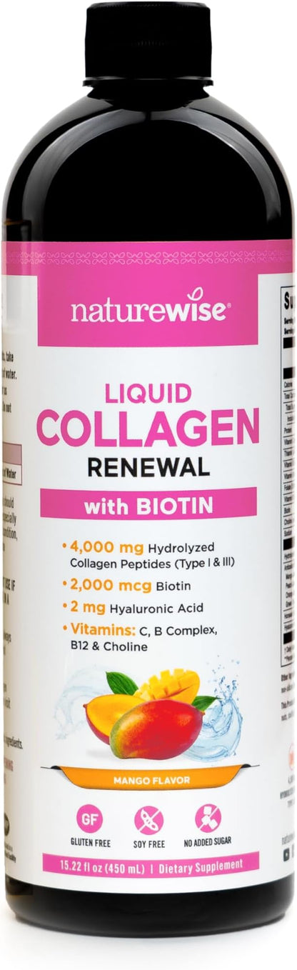 NatureWise Hydrolyzed Liquid Collagen for Women & Men 4000mg - No Added Sugar - Multi Collagen Peptides + Biotin + Vitamin C + Vitamin B Complex & Hyaluronic Acid - Mango - 15.22 fl oz[45 Day Supply]
