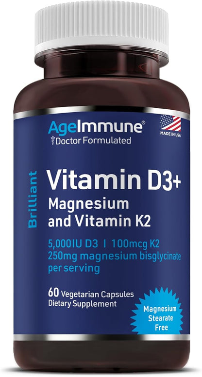 AgeImmune Brilliant D3+ Complex - 60 Capsules - 5000 IU Vitamin D3 + K2 + Magnesium Glycinate Supplement - Doctor Formulated for Immune & Bone Support - No Stearates, No Dioxides