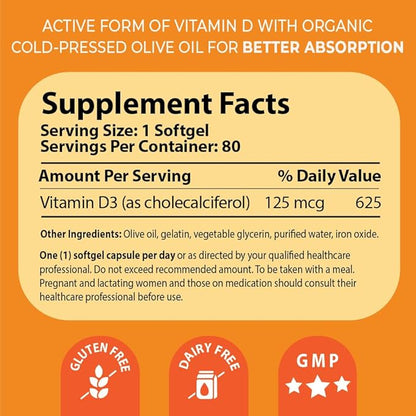 Pharma Nord D-Pearls 5000 iu (125 mcg) High Potency Vitamin D3 – High Absorption Mini Softgels in Organic Olive Oil, Immune, Bone, & Muscle Support, Non-GMO, Gluten-Free, 240 Count