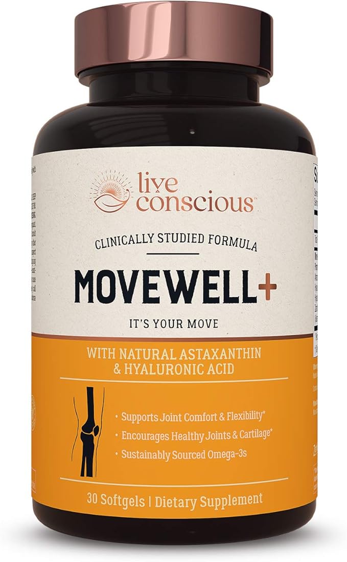 Live Conscious Joint Health Supplement - MoveWell Plus Antarctic Krill Oil, Natural Astaxanthin and Hyaluronic Acid | Outperforms Glucosamine