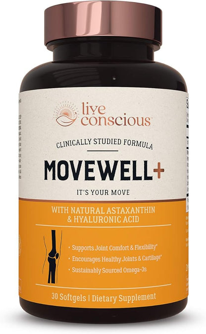 Live Conscious Joint Health Supplement - MoveWell Plus Antarctic Krill Oil, Natural Astaxanthin and Hyaluronic Acid | Outperforms Glucosamine