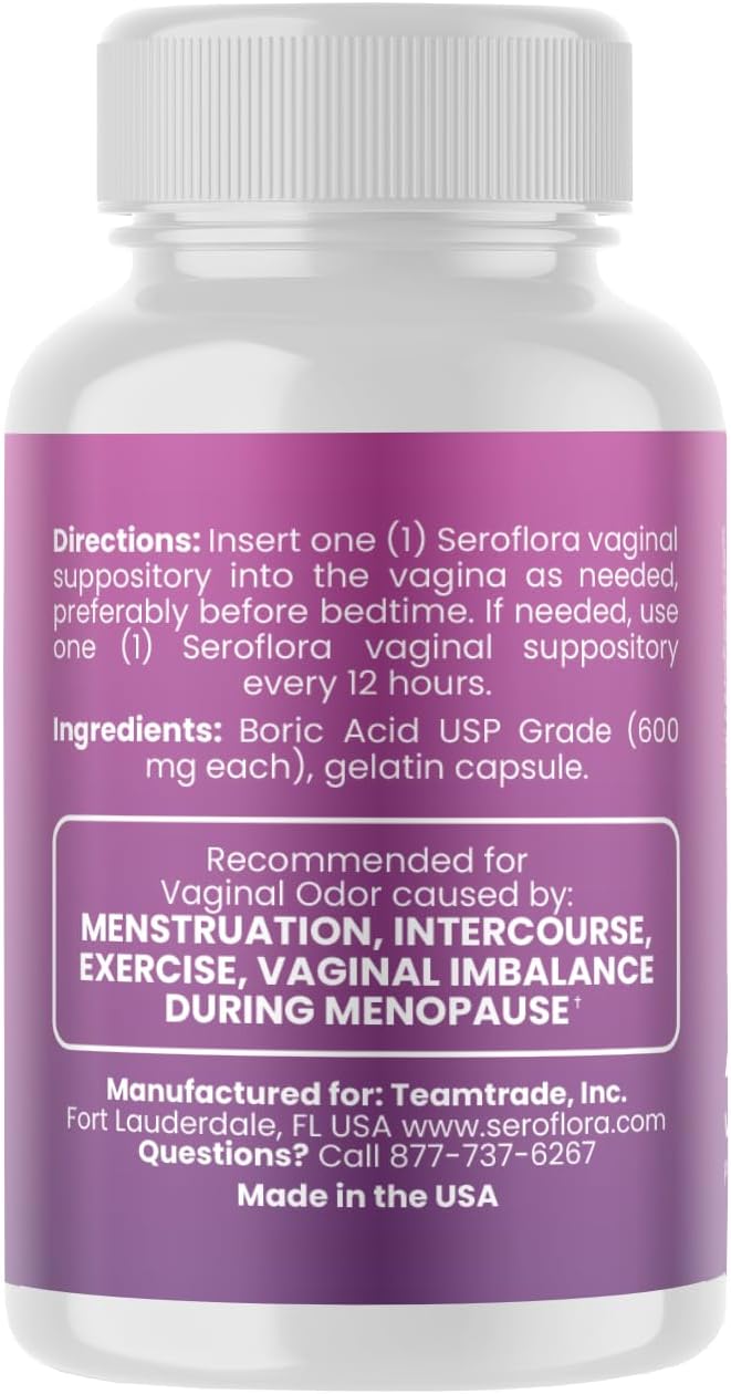 Seroflora Boric Acid Vaginal Suppositories 600mg – 30 Count with 7 Applicators for Odor Control & pH Balance Feminine Hygiene Support, Natural Intimate Care, Made in USA