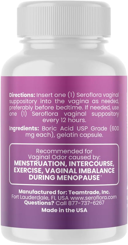 Seroflora Boric Acid Vaginal Suppositories 600mg – 30 Count with 7 Applicators for Odor Control & pH Balance Feminine Hygiene Support, Natural Intimate Care, Made in USA