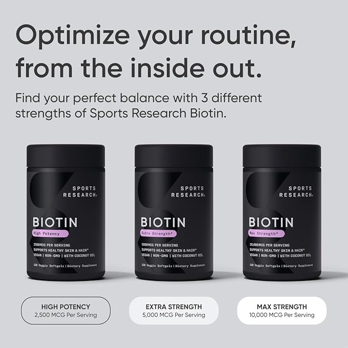 Sports Research® Biotin 5,000mcg with Organic Coconut Oil - Biotin (Vitamin B7) for Healthy Skin and Hair Support* - for Women and Men - Vegan, Non-GMO, Gluten & Soy-Free - 120 Veggie Softgels