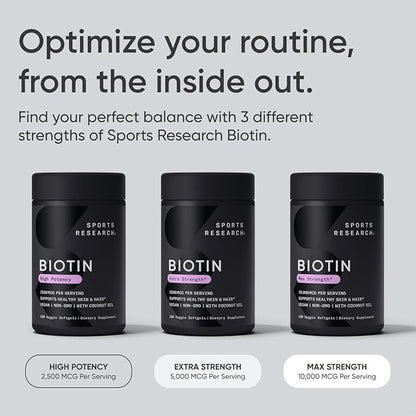 Sports Research® Biotin 5,000mcg with Organic Coconut Oil - Biotin (Vitamin B7) for Healthy Skin and Hair Support* - for Women and Men - Vegan, Non-GMO, Gluten & Soy-Free - 120 Veggie Softgels