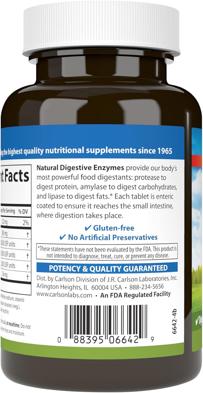 Carlson - Natural Digestive Enzymes, Digestive Aid #34 with Protease, Amylase & Lipase, Digestive Support, Nutrient Absorption & Optimal Wellness, 250 Tablets