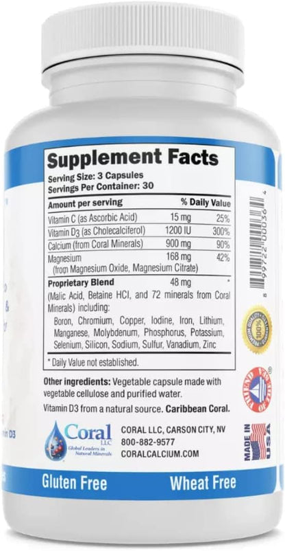 Coral Complex 3 Calcium Supplement Vitamin D3 & Magnesium – 900 mg Bioavailable Coral Calcium for Bone Strength, Joint Support & pH Balance – Trace Minerals, Non-GMO, 300 Veg Capsules