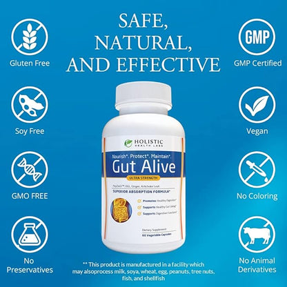 Holistic Health Labs Gut Alive - All Natural Support to Fight IBS, Heartburn, Acid Indigestion, Acid Reflux, Bloating & Gas. Unique Formulation (60 Count (Pack of 2))