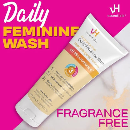 vH essentials Daily Feminine Wash - Fragrance Free, Hypoallergenic with Tea Tree Oil & Prebiotic - For Ph Balance, Intimate Odor Block, Vaginal Health - Gentle Formula Body Care - 6 Fl Oz (Pack of 2)