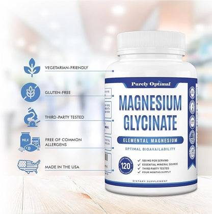 Purely Optimal Magnesium Glycinate 500mg – Sleep Support & Stress Relief – Gentle, High Absorption Magnesium Supplement for Muscle Relaxation, Calm & Nerve Support – 120 Capsules