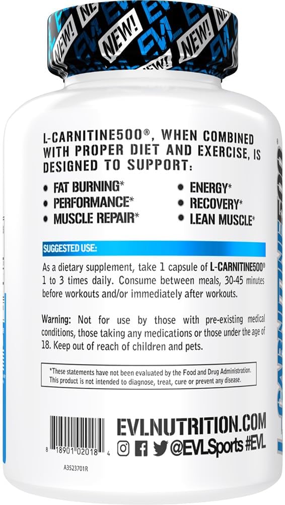 EVL L-Carnitine Supplement for Weight Loss Support - L Carnitine Tartrate for Cellular Energy Focus Endurance and Fat Burning Support - Stimulant Free Amino Acid for Fat Metabolism (120 Servings)