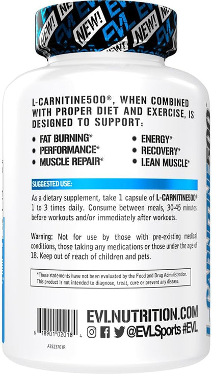 EVL L-Carnitine Supplement for Weight Loss Support - L Carnitine Tartrate for Cellular Energy Focus Endurance and Fat Burning Support - Stimulant Free Amino Acid for Fat Metabolism (120 Servings)
