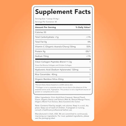 Clean Simple Eats Collagen Powder + Beauty Blend, Peach Mango, 11G Hydrolyzed Collagen Peptides from Grass Fed Bovine & Chicken, Hyaluronic Acid for Hair, Skin, Nail & Joint Support, 30 Servings
