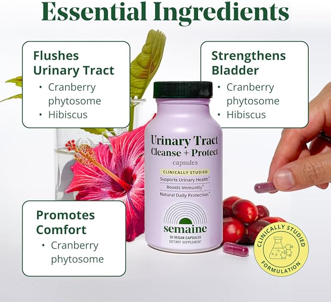 Semaine Urinary Tract Cleanse & Protect 30ct. – Bladder Health Supplement for Women, Support Urinary Tract Health. Combines Cranberry Proanthocyanidins with Hibiscus - Travel Sized Jar