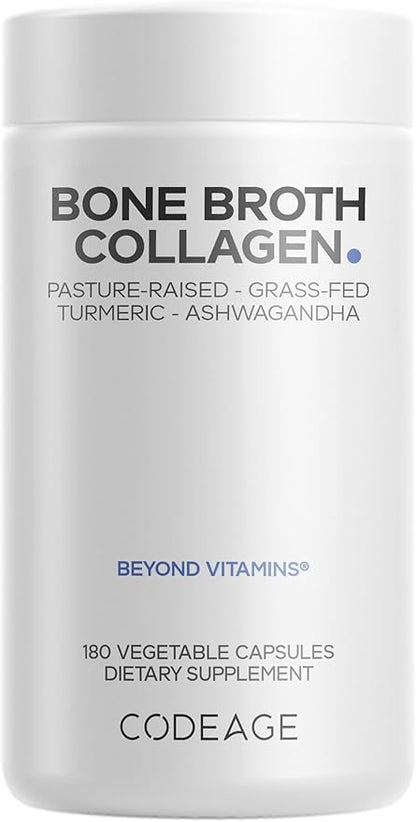 Codeage Organic Bone Broth Collagen Peptides Capsules Supplement, Bone Broth Grass Fed Beef, Free-Range Chicken, Turmeric & Ashwagandha - Collagen Types I, II, III - Non-GMO - 180 Capsules