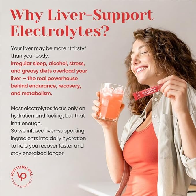 Venture Pal Hydration Packets + Liver Support- Liquid Daily IV Electrolyte Powder Packets with 7 Electrolytes & 5 Vitamins, Milk Thistle + L-Theanine | Sugar-Free | Keto Friendly | Vegan, 16 Sticks