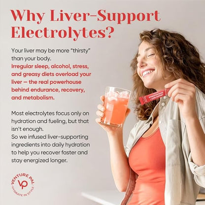 Venture Pal Hydration Packets + Liver Support- Liquid Daily IV Electrolyte Powder Packets with 7 Electrolytes & 5 Vitamins, Milk Thistle + L-Theanine | Sugar-Free | Keto Friendly | Vegan, 16 Sticks